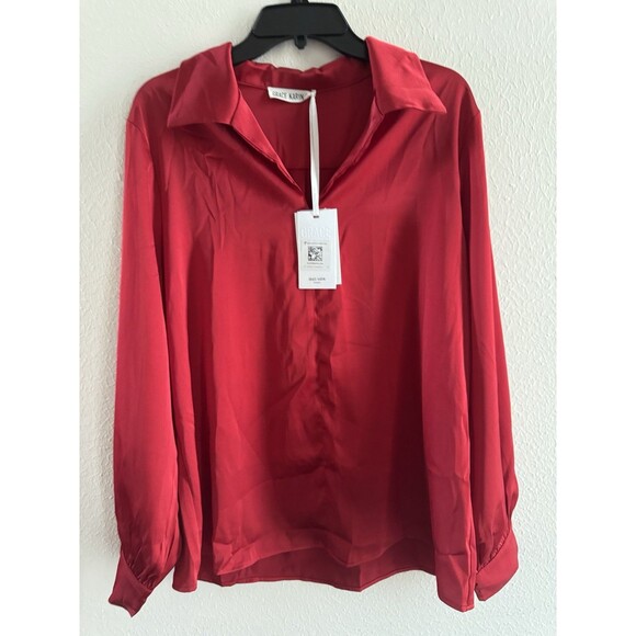 GRACE KARIN Satin Blouse Wide Lapel V Neck Long Sleeve NWT red XL classic office - Picture 4 of 12